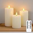 Yeelida Remote Flameless Flickering Pillar Candles with Candle Grease Effect,Pack of 3 Ivory LED Battery Oprated 2/4/6/8 Hours Timer Real Wax Electric Candles(3x4,5,6 Inches)