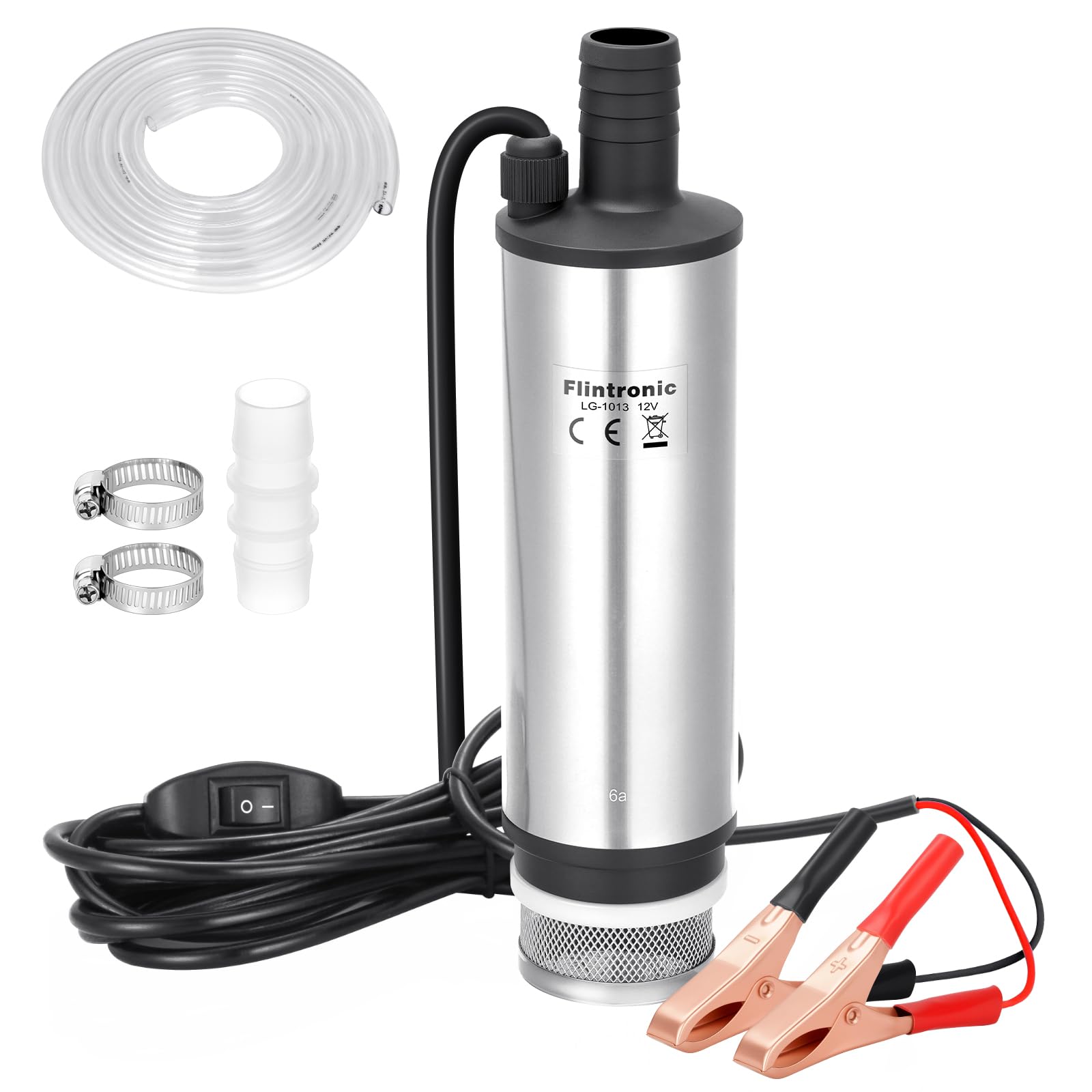 flintronic Water Pump, Diesel Fuel Pump 12V 51MM Stainless Steel Submersible Pump with Clip (Prohibited Gasoline&Flammable Liquids) Filter Removable | 4m Power Cord | Come with Fual Hose