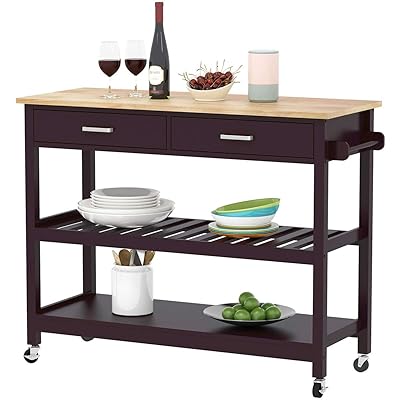 Clevr Rolling Kitchen Cart Island with Drawer, Shelves, Walnut Finish