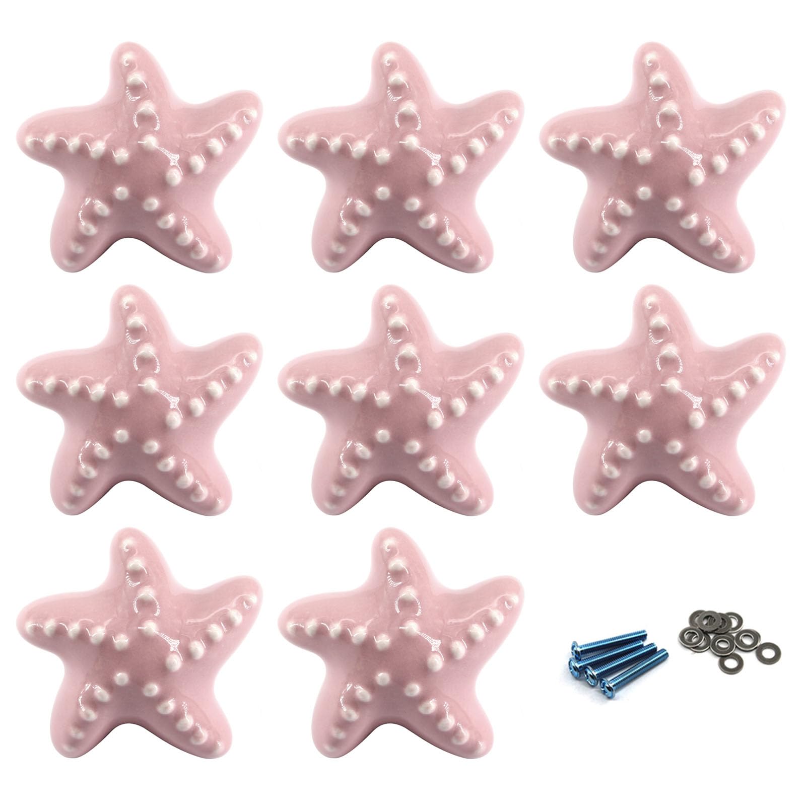 Zerniple Pink Ceramic Door Knobs Starfish Shape Drawer Pull Handle for Kids Room Cabinet Cupboard Wardrobe Knobs (Come with Screws and Shims)