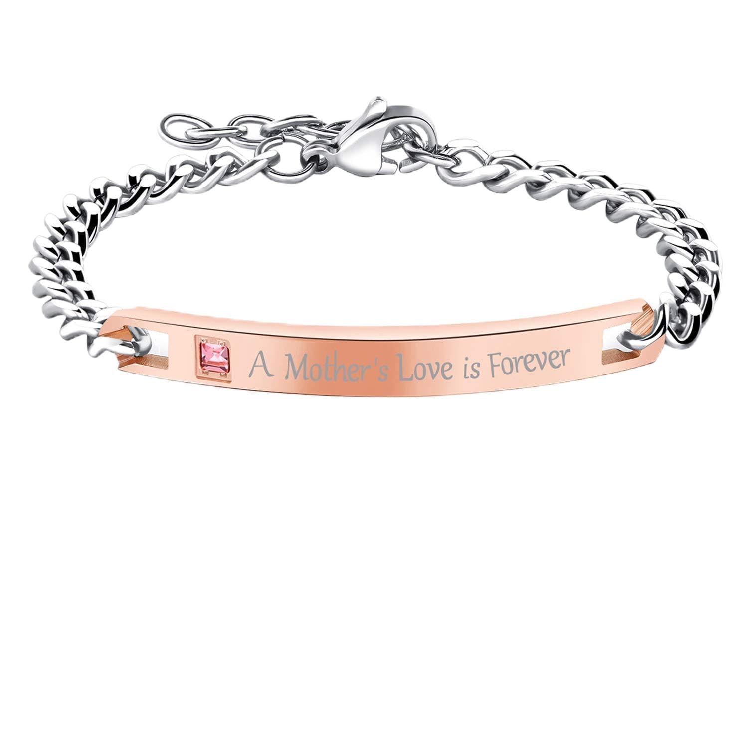 Cupimatch “A Mother 's Love is Forever” Engraved Bracelet, Adjustable Stainless Steel CZ Wrist Link with Greeting Message Card Gift Bag