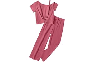 Sislerew Girls Clothes Twist Knot Color Block Loose Fit Cold Shoulder Top + Solid Color Wide-lege Pants Girls Spring Clothes
