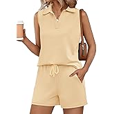 Rapbin Two Piece Short Sets for Women Sleeveless Matching Lounge Set V Neck Tops and Drawstring Shorts Summer Outfits