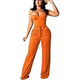Bluewolfsea Women Sexy 2 Piece Outfits Jumpsuit Summer Sleeveless Cami Crop Top Wide Leg Long Pants Set