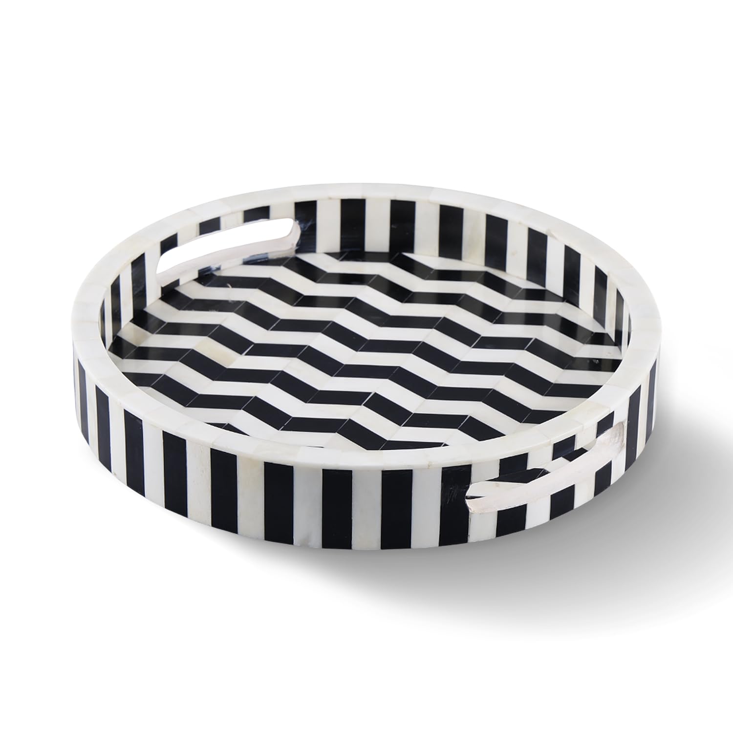 Photo 1 of Handicrafts Home Black & White Ottoman Decorative Tray- 12” Round Athens Dinami Resin Inlay Tray, Coffee Table Serving Tray for Living Room, Centrepiece Tray for Kitchen, Bedroom & Home Decor