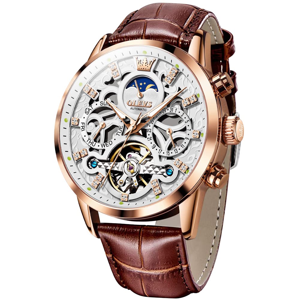 OLEVS Men Skeleton Watch Automatic Designer Luxury Mechanical Wrist Watches Brown Leather Dress Casual Moon Phase Luminous Waterproof