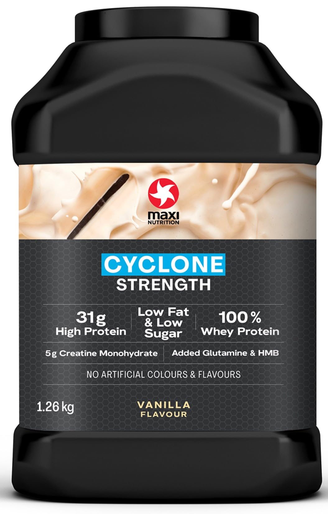 MaxiNutrition - Cyclone, Vanilla - Premium Whey Protein Powder with Added Creatine, Glutamine & HMB – Low in Sugar and Fat, Vegetarian-Friendly - 31g Protein,1.26kg. NO Artificial Colours OR Flavours