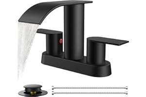 FORIOUS Matte Black Bathroom Faucets, Waterfall 4 Inch Centerset Bathroom Sink Faucet with Metal Pop up Drain and cUPC Hose for Basin, Vanity, RV, Pedestal 2 or 3 Hole Sink