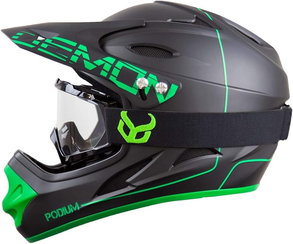 DEMON UNITED Podium Black/Green Full Face Mountain Bike Helmet- BMX Helmet- with Demon Viper MTB Goggles- 3 Goggle Color Options Available