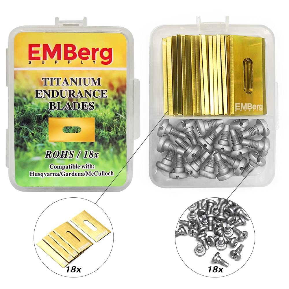 EMBerg Endurance Blades (18 Pack) for Husqvarna Automower Gardena McCulloch Robotic Lawnmower Mowing Lawn Mower Robo Robot Accessories Replacement Blade for 315 430 435 450 Others. (Titanium Coated) โ image 1