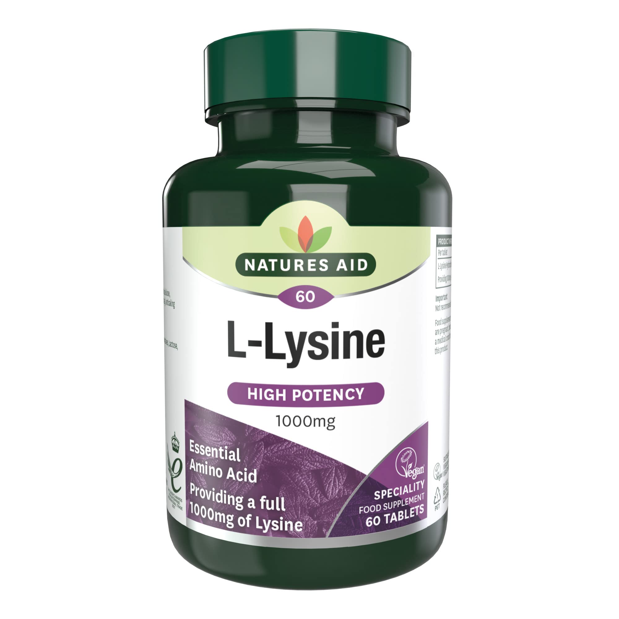 Natures Aid L-Lysine 1000mg – High Strength Essential Amino Acid – Supports Immune System, Muscle Recovery, Collagen, Bone Health & Energy – Vegan, Gluten-Free - 60 Tablets