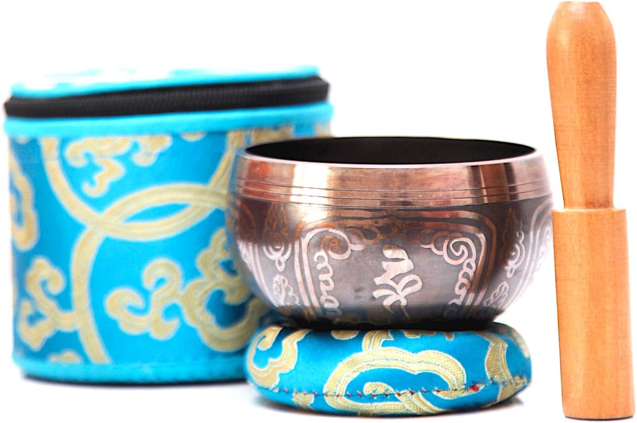 PANDA LIFESTYLE Tibetan Singing Bowl Set | Traditional Bronze Mantra Design with Cushion, Mallet, and Storage Box for Mediation, Yoga and Healthy Lifestyle | Perfect Gift