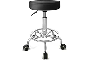 DENGTELI PU Leather Rolling Stool with Foot Rest Round Height Adjustment Swivel Spa Drafting Salon Tattoo Work Office Massage Vanity Stools Task Chair (Black)