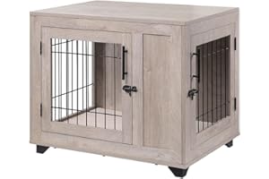 beeNbkks Furniture Style Dog Crate, Double Doors Wooden Wire Dog Kennel End Table, Pet Crate with Soft Bed, Decorative Dog House Pet Furniture Indoor Use