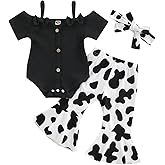 Lefyira Cow Print Bell Bottoms Outfits Toddler Girl Short Sleeve Romper Rib Knit Button Bodysuit Flare Pants Clothes Summer