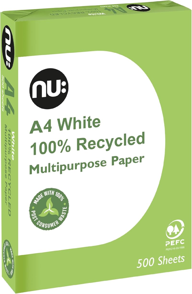 nu: A4 Recycled Multipurpose Paper White 500 Sheets Smooth Surface
