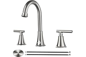 BECAA Bathroom Sink Faucet, Faucet for Bathroom Sink, Widespread 3 Hole Stainless Steel Lead-Free, 2 Handle 360° Swivel Spout Faucet with Pop-up Drain & Supply Hoses for Bathroom Vanity Lavatory