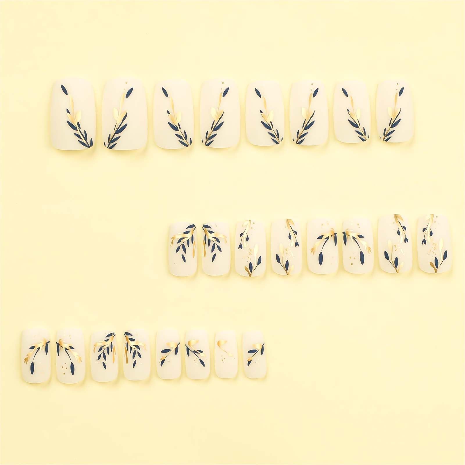 RUOKEXIN 24Pcs White Square Press-on Nails with Gold Blue Leaf Designs, Glossy Acrylic False Nails, 12 Different Sizes, 1 Fl Oz (Pack of 24), 18 Sets - Image 3