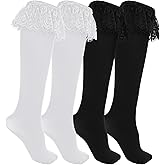 Quilax 2 Pairs Lace Knee High Socks, Black and White Knee High Ruffle Socks, Lace Top Kneehigh Dirndl Sock for Lovely Dress Lolita Women Lady Grils
