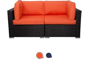 Excited Work Wicker Loveseats Patio Sectional Furniture Corner Sofa All Weather Outdoor Rattan Couch Set Conversation Sets（Orange）