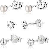 SILBERTALE 925 Sterling Silver Earrings Set 3PCS 3-5mm Tiny Ball CZ Pearl Stud Earrings Cartilage Studs for Women
