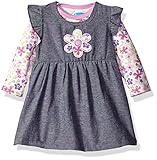 BON BEBE Girls' 2 Piece Dress Set with Longsleeve Bodysuit, Flower Chambray, 6-9 Months
