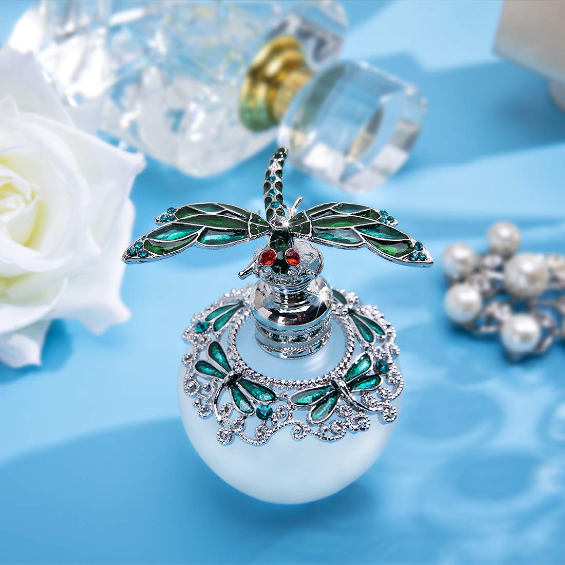 YU FENG 40ml Fancy Empty Crystal Perfume Bottle with Green Dragonfly Stopper Rhinestones Bejewelled Refillable Glass Bottle Containers