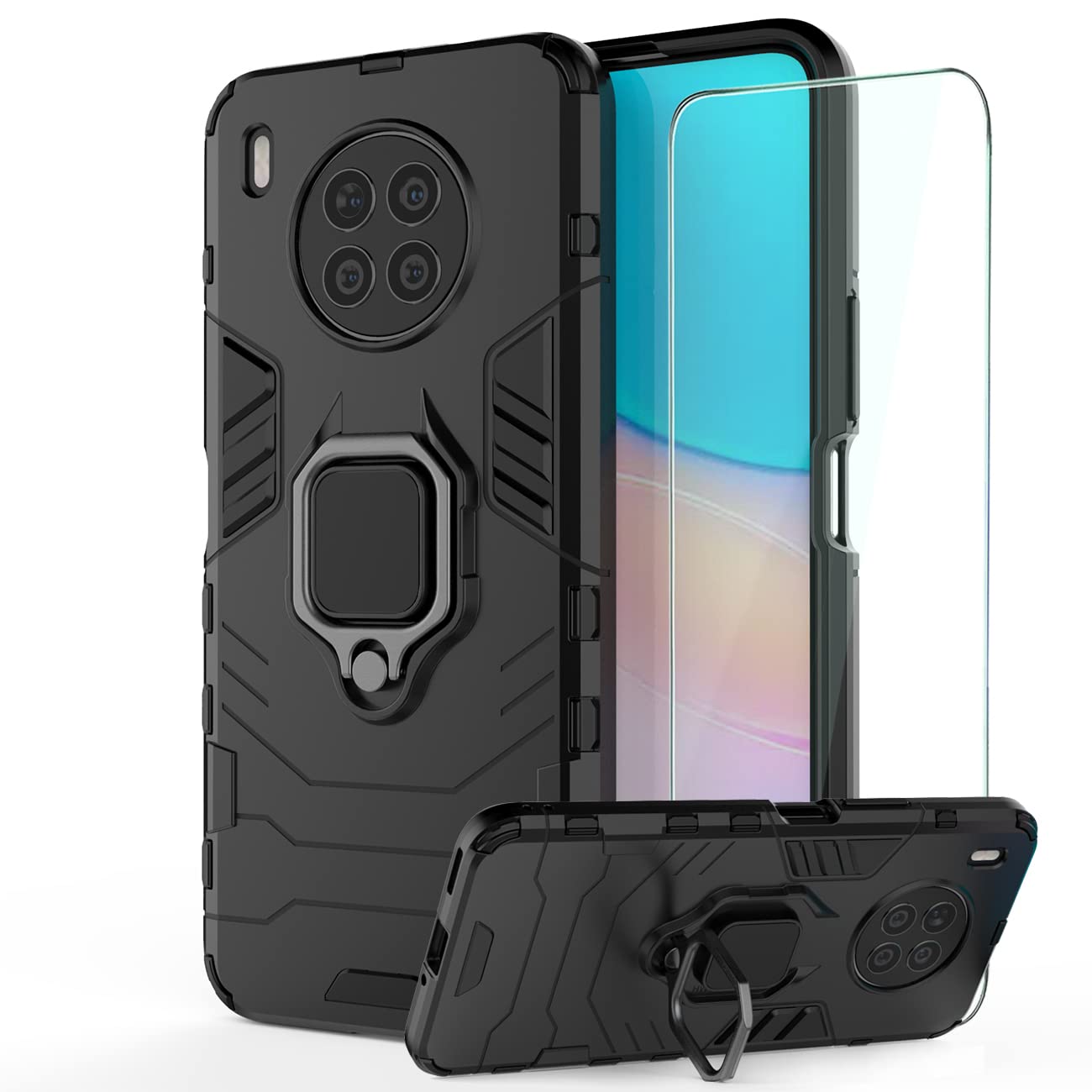 GKK DESCHE Case for Honor 50 Lite/Huawei Nova 8i, Cover with Ring Holder + Tempered Glass, Shockproof Armour Phone Case with 360° Rotating Stand is compatible with Honor 50 Lite/Nova 8i - Black