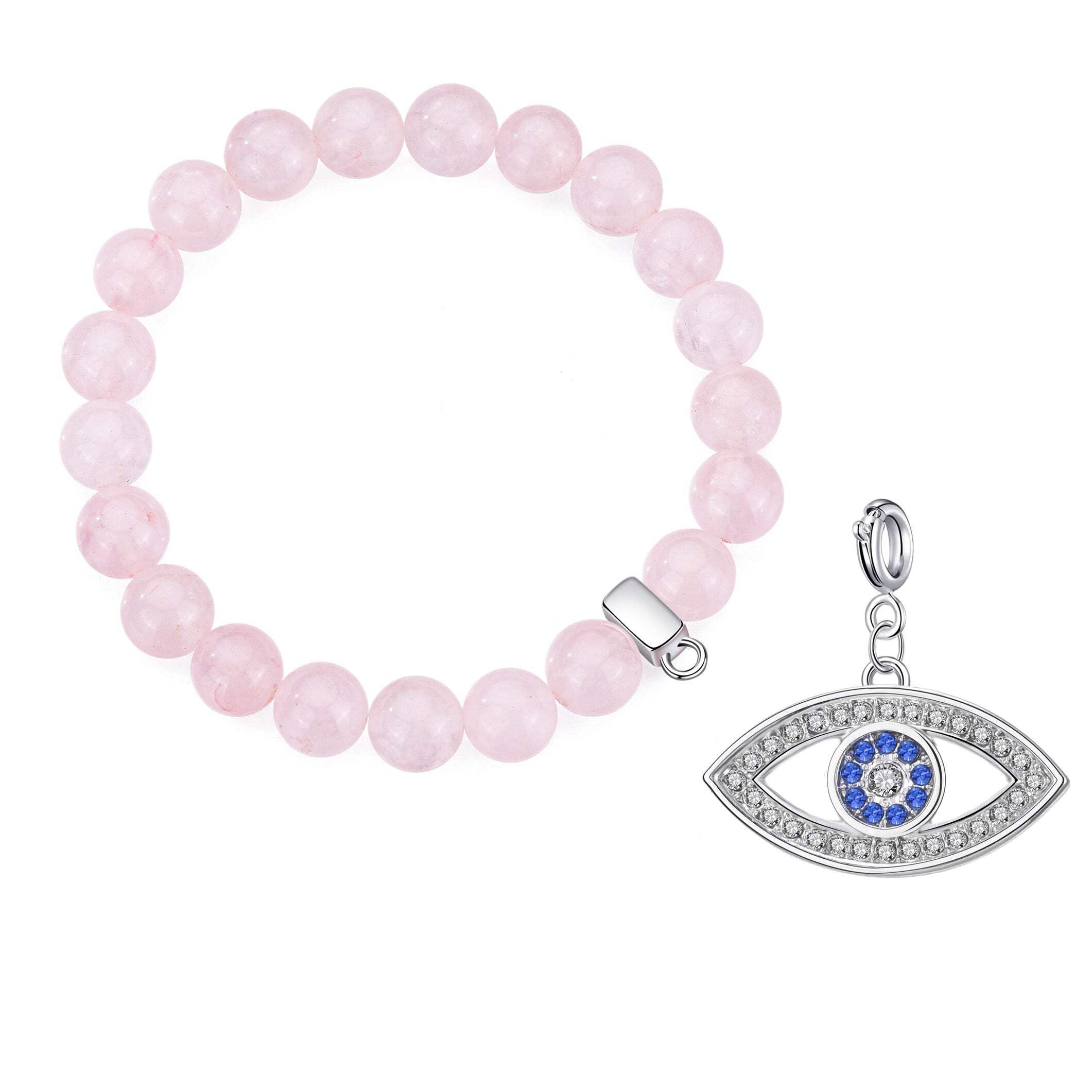 Philip Jones Rose Quartz Gemstone Bracelet with Evil Eye Charm Created with Zircondia® Crystals