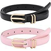AWAYTR Kids Leather Belts for Girls - 2 Pack Toddler Girls Skinny Leather Belts for Jeans with Gold Buckle