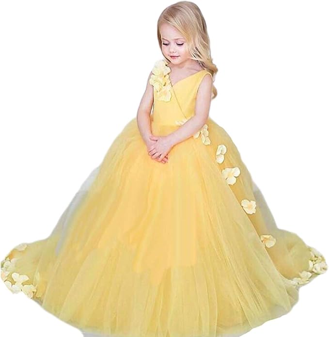 HEVECI Yellow Girls Pageant Dress 716 V Neck Toddler Ball Gowns for