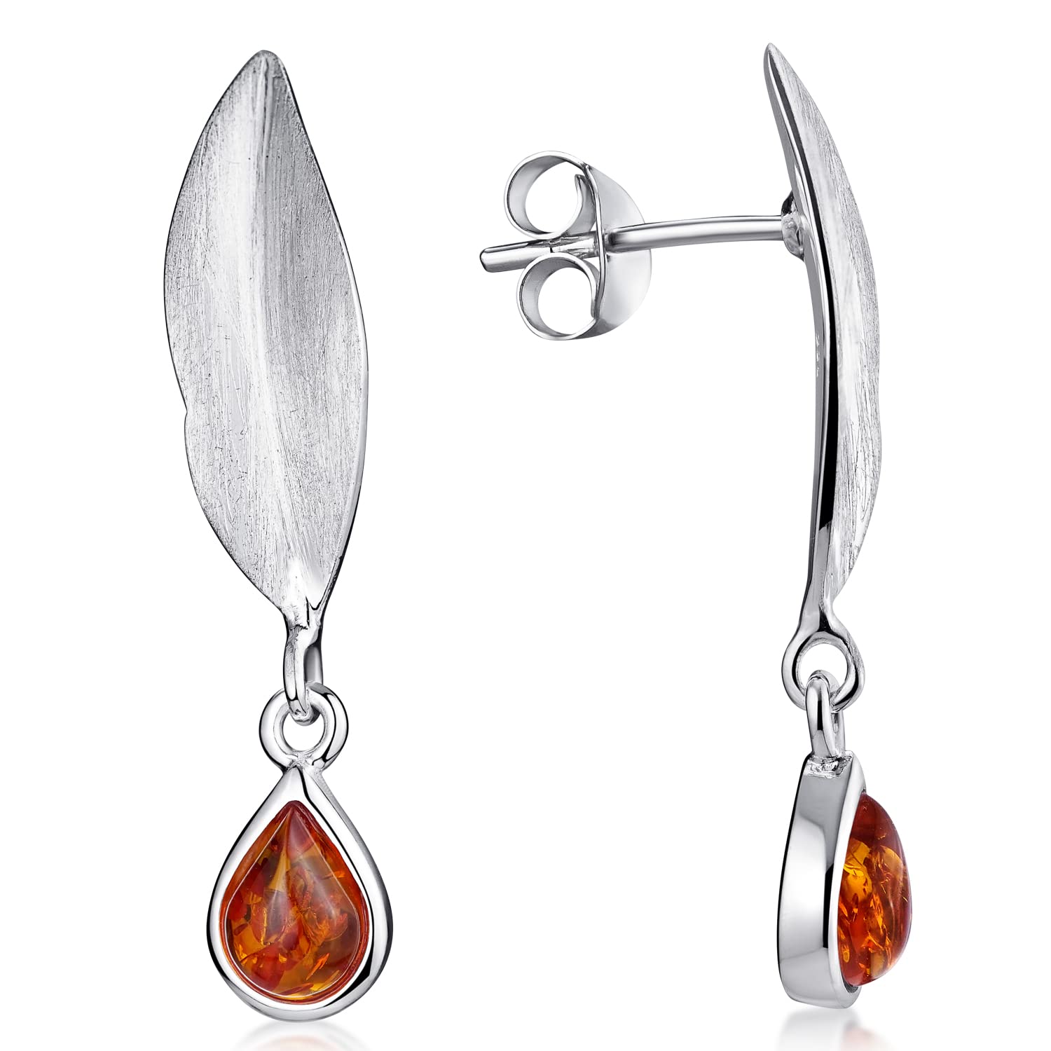 MATERIA by Matthias Wagner Amber Stud Earrings Silver 925 - Leaf Earrings Hanging Matt SO-367
