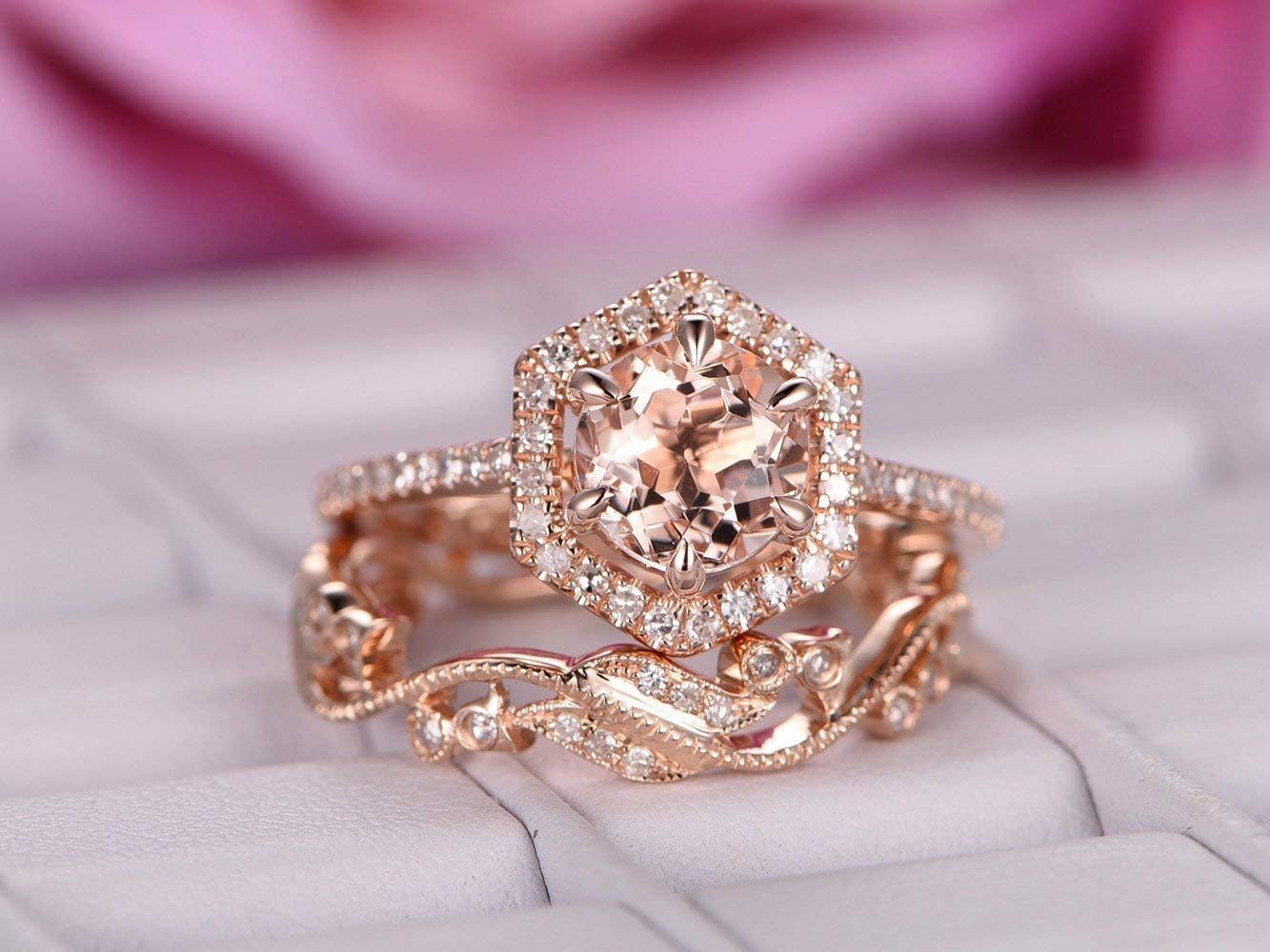 Round Morganite Ring Bridal Set Diamond Hexagon Halo Floral Band 14K Rose Gold 7mm