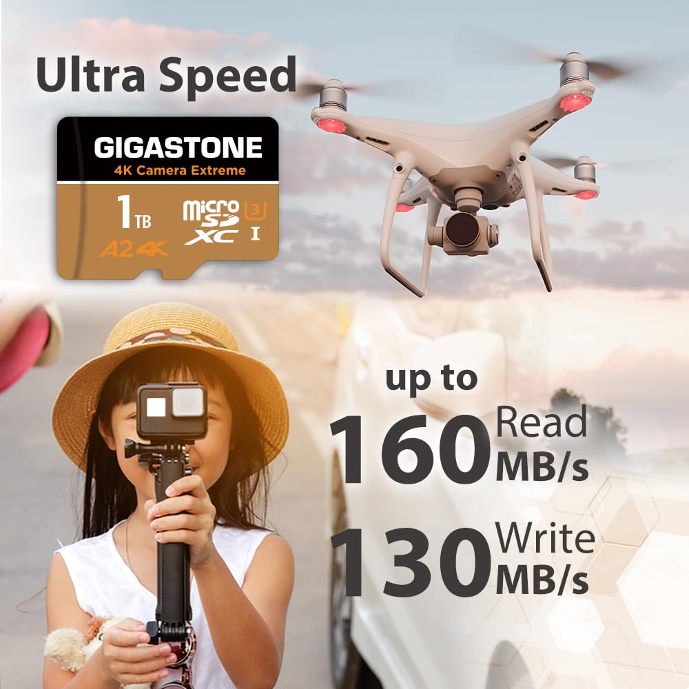 [5-Yrs Free Data Recovery] GIGASTONE 1TB Micro SD Card, Camera Extreme, R/W up to 160/130 MB/s, MicroSDXC Memory Card for GoPro, Action Camera, DJI, 4K UHD Video, UHS-I U3 A2 4K C10