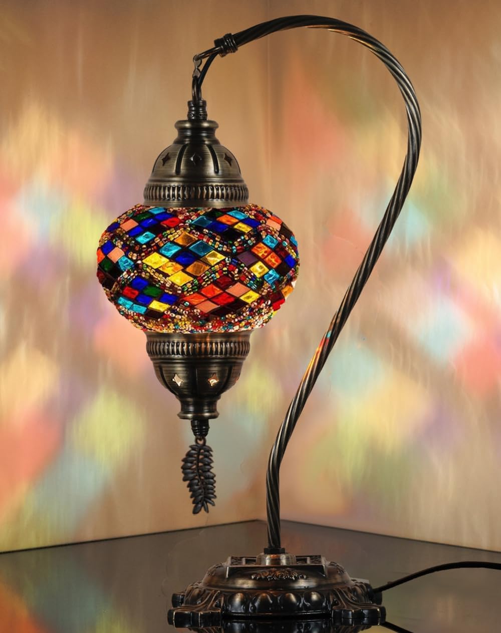 Photo 1 of DEMMEX Turkish Table Lamp Moroccan Bedside Light Handmade Tiffany Mosaic Glass Boho Artisan Accent Lighting for Bedroom Living Room, Antique Brass Finish – 15" H, Multicolor