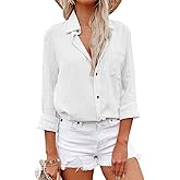 Aoudery Womens Button Down Shirts Cotton Dress Shirt Long Sleeve Oversized Boyfriend Solid Tunic Tops with Pockets