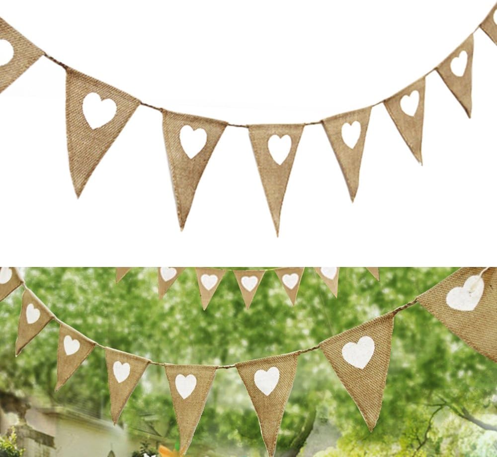 JTWEB 3M Vintage Hessian Bunting Burlap Banner White Love Heart for Wedding Party Birthday Decor (Hessian)