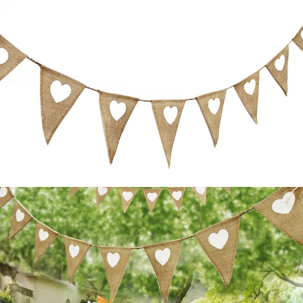 JTWEB 3M Vintage Hessian Bunting Burlap Banner White Love Heart for Wedding Party Birthday Decor (Hessian)