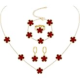 JIEMUCHU Gold Plated Stainless Steel Four Leaf Clover Bracelet Necklace Ring and Earrings Jewelry Set for Women