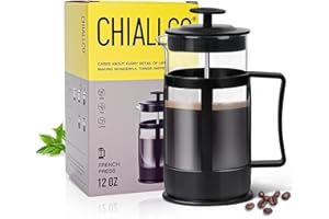 Chiallco Mini French Press Coffee Maker, Heat Resistant Thickened Borosilicate Classic Glass Stainless Steel Coffee Press, 12OZ Heat Cold Brew Coffee Pot Tea Press for Kitchen Travel Camping，Black