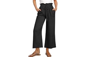 UEU Womens Linen Pants Summer Wide Leg Casual Loose High Waist Drawstring Palazzo Capri with Pockets- 25" / 20" / 3" Inseam