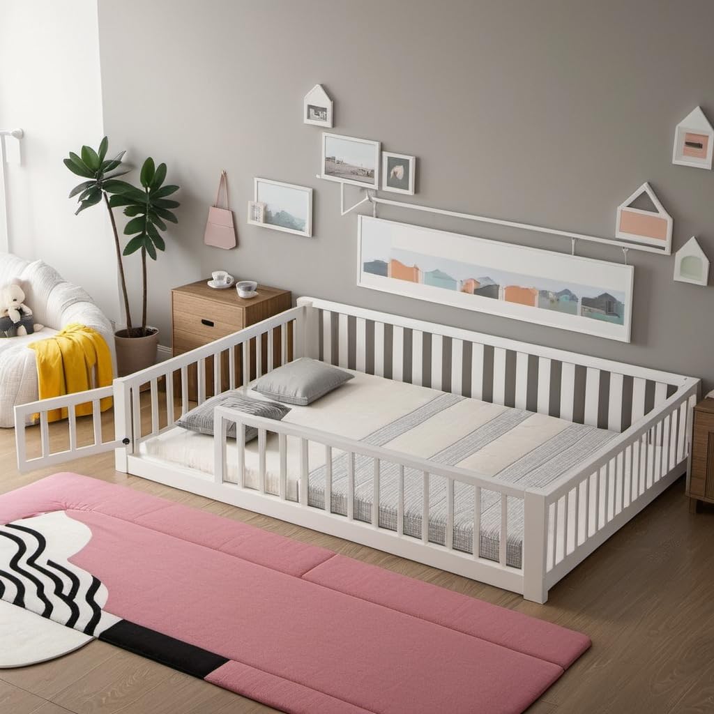 Photo 1 of PVWIIK Full Size Montessori Floor Bed Frame with Convertible Door & Wood Slats for Kids,Wood Montessori Bed with Safety Guardrails for Girls & Boys,White