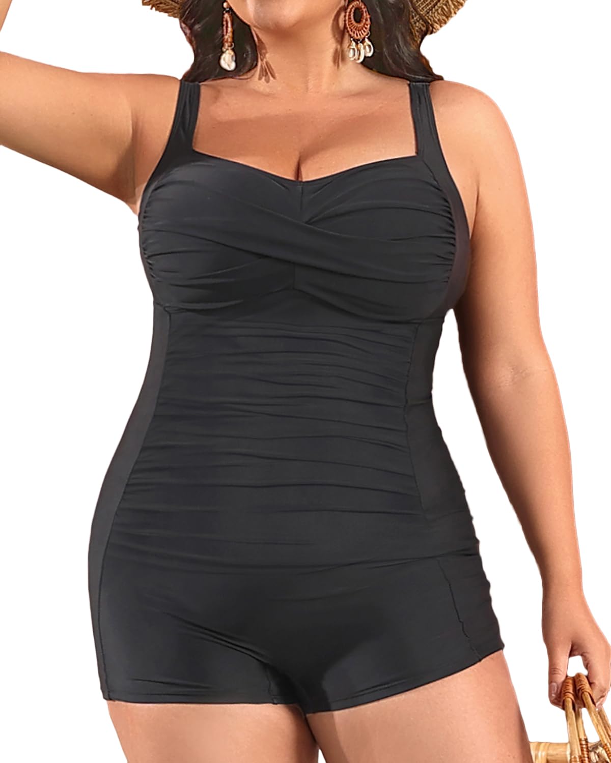 Photo 1 of Daci Black Plus Size One Piece Boyshorts Swimsuits Tummy Control Ruched Bathing Suits Retro Boyleg Swimwear 20W
