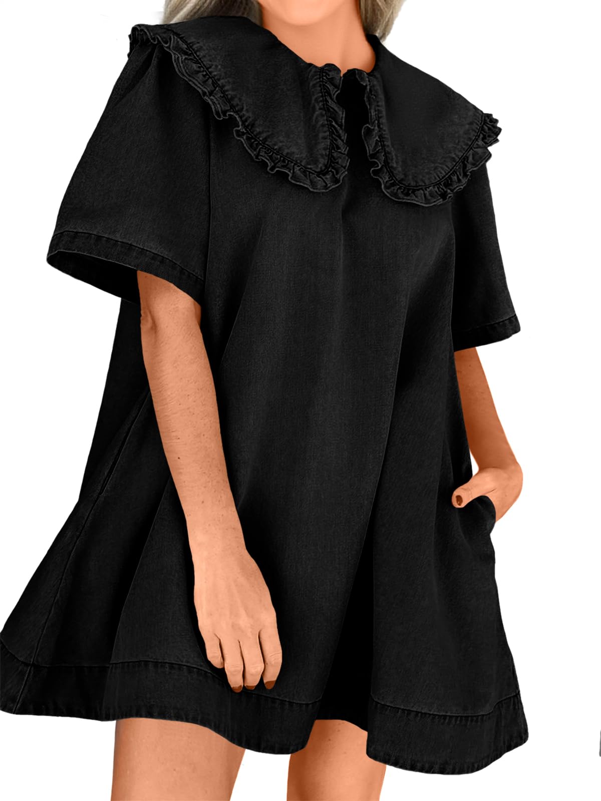 Photo 1 of Wenrine Womens Summer Denim Mini Dress Oversized Peter Pan Collar Short Sleeve Casual Flowy Babydoll Jean Dresses