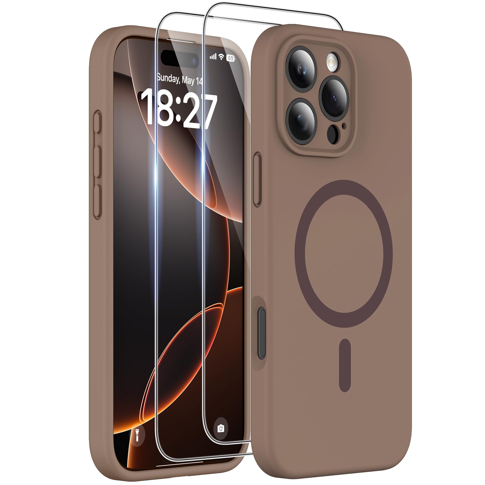 Photo 1 of EXZLLEN Magnetic for iPhone 16 Pro Max Case, Compatible with MagSafe, Two 9H Screen Protectors, Full Camera Protection, Military-grade Protection Silicone Phone Cover for 16 Pro Max 6.9", Desert Brown