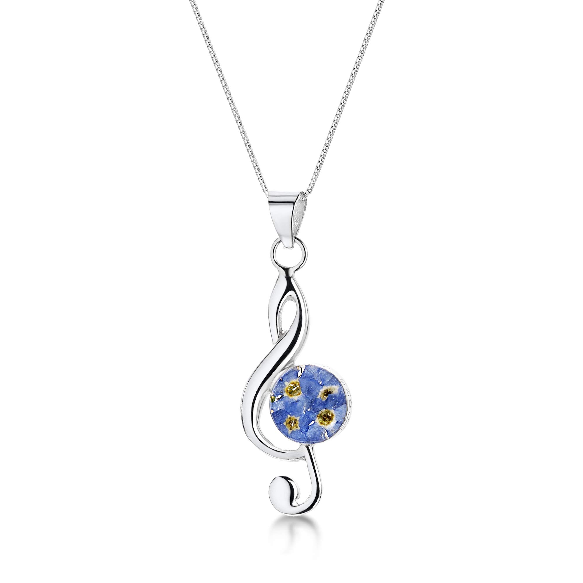 Shrieking Violet 925 Sterling Silver Small Treble Clef Real Flower Pendant Necklace - Forget-Me-Not (Blue)