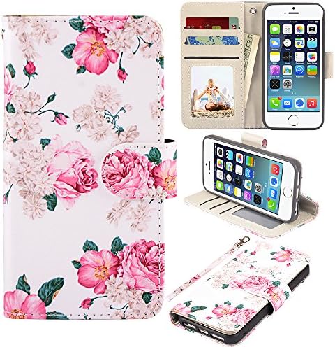 RusseryPek iPhone 5/5s/SE Case, iPhone 5/5s/SE Wallet Case Folio Flip Premium PU Leather Case Cover with Card Holder Slot Pockets,Wrist Strap,Magnetic Closure for iPhone 5/5s/SE, Flower 2