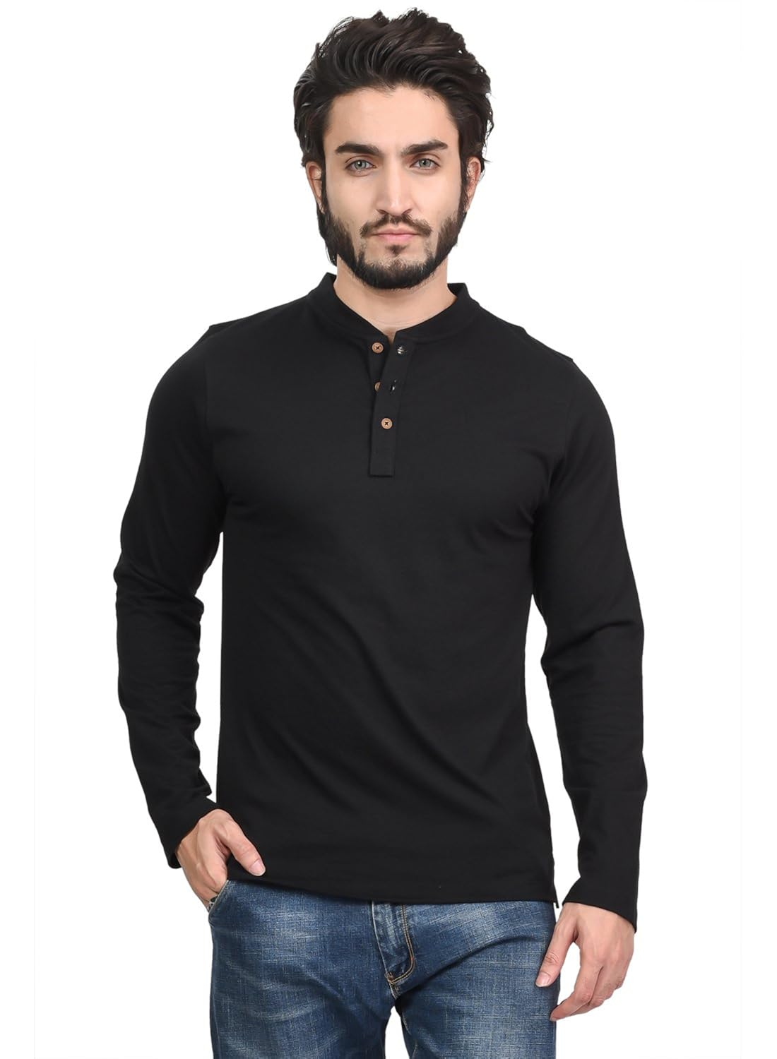 kalt men's cotton blend plain half sleeves henley neck t-shirt
