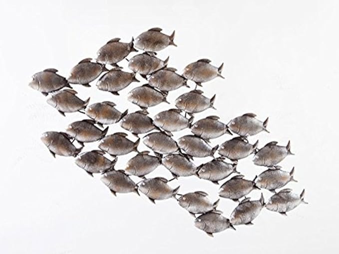 title=Dipamkar- Pannello artistico in metallo con branco di pesci grigi, 90 x50 cm