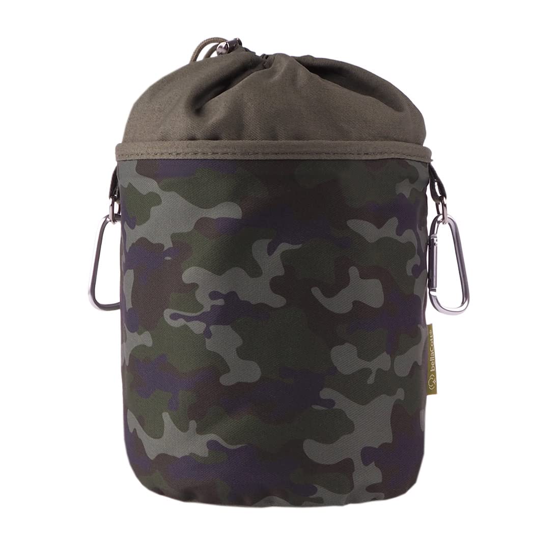 bellaCott Portable Cotton Clothes peg Bag for Hanging up with 2 Sturdy Carabiner Hooks, Drawstring Closure and Metal Stopper for Storing Clothes pegs, Ø 17 cm x 28 cm, Design: Camouflage